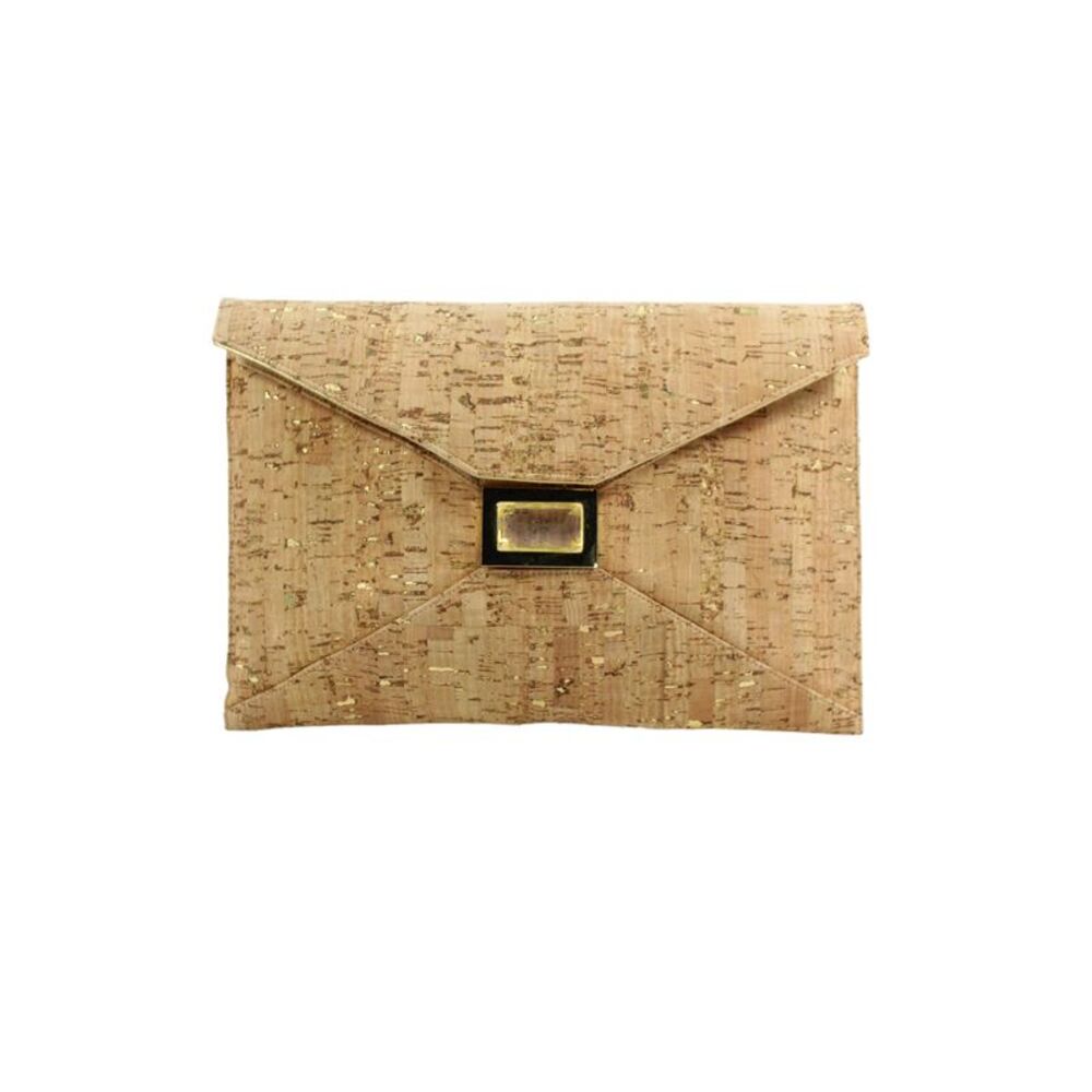 Kara Ross Womens Cork Jeweled Closure Envelope Clutch Handbag Beige